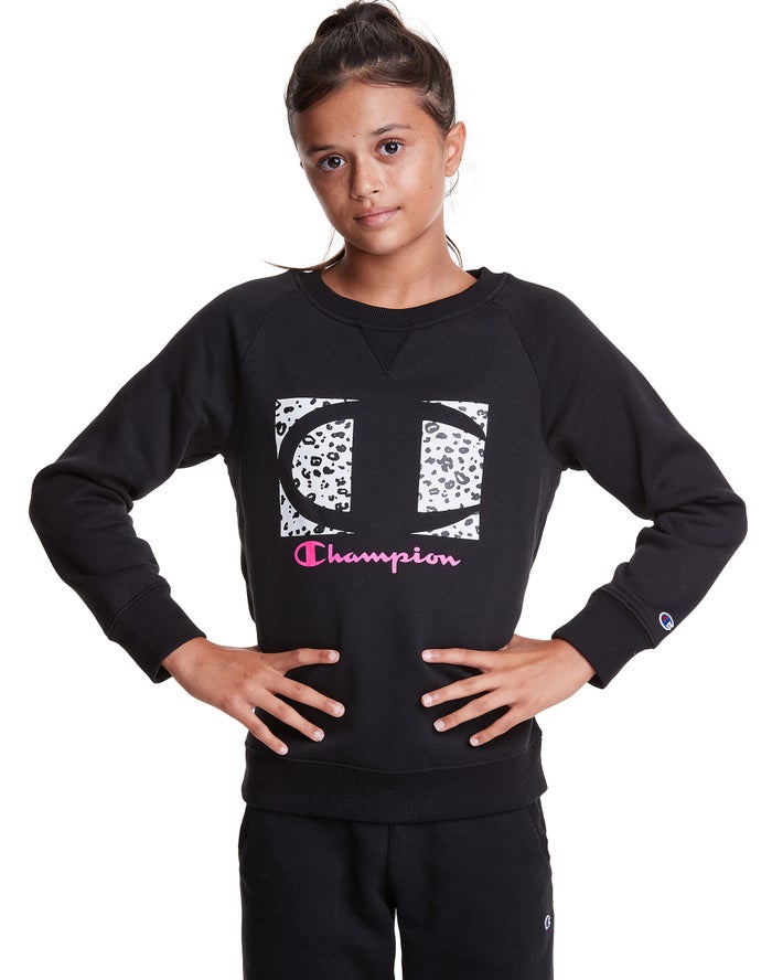 Champion Girls Hoodie NZ - Fleece Raglan Crew Leopard Knockout Logo Black ( 7542-RKAFV )